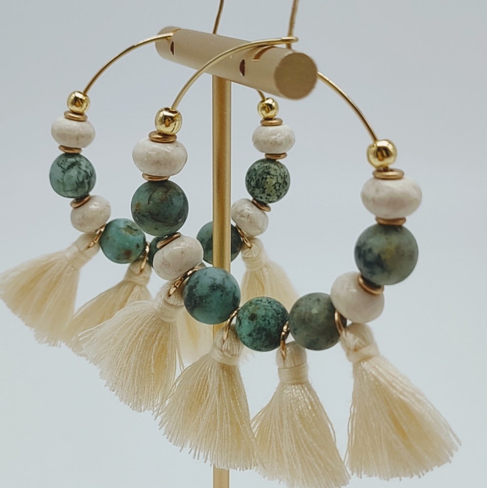 African Turquoise Tassel Hoop Earrings